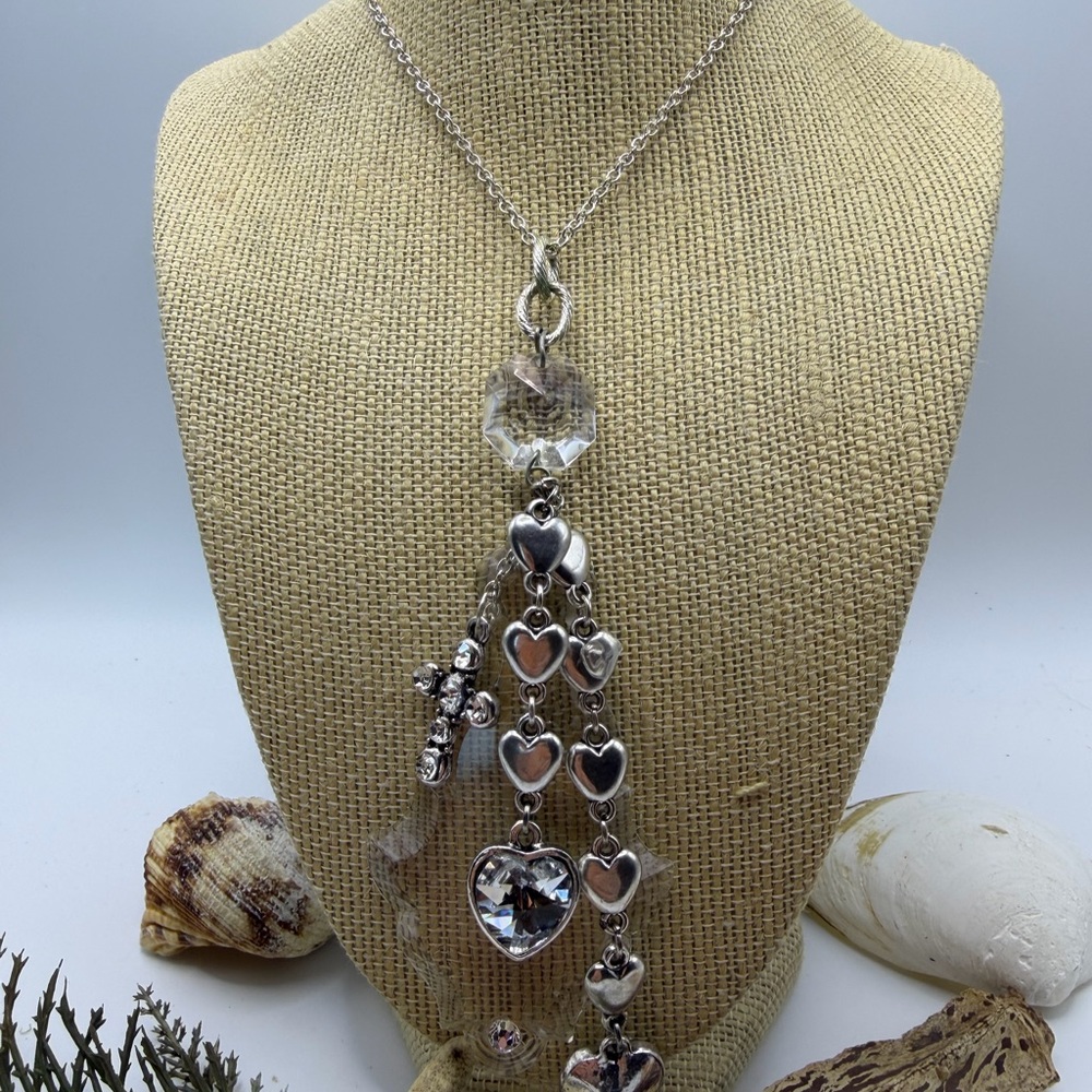 Vintage Chandelier Silver Heart Cross Charm Necklace